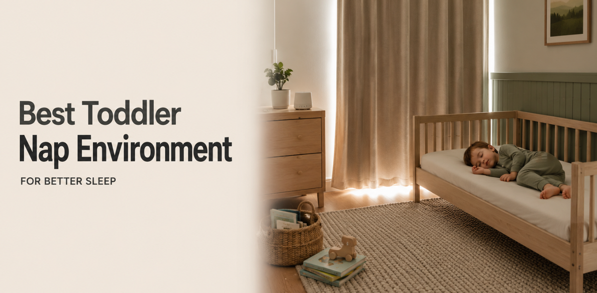 Toddler sleeping in a calm bedroom with dim daylight and an uncluttered bed