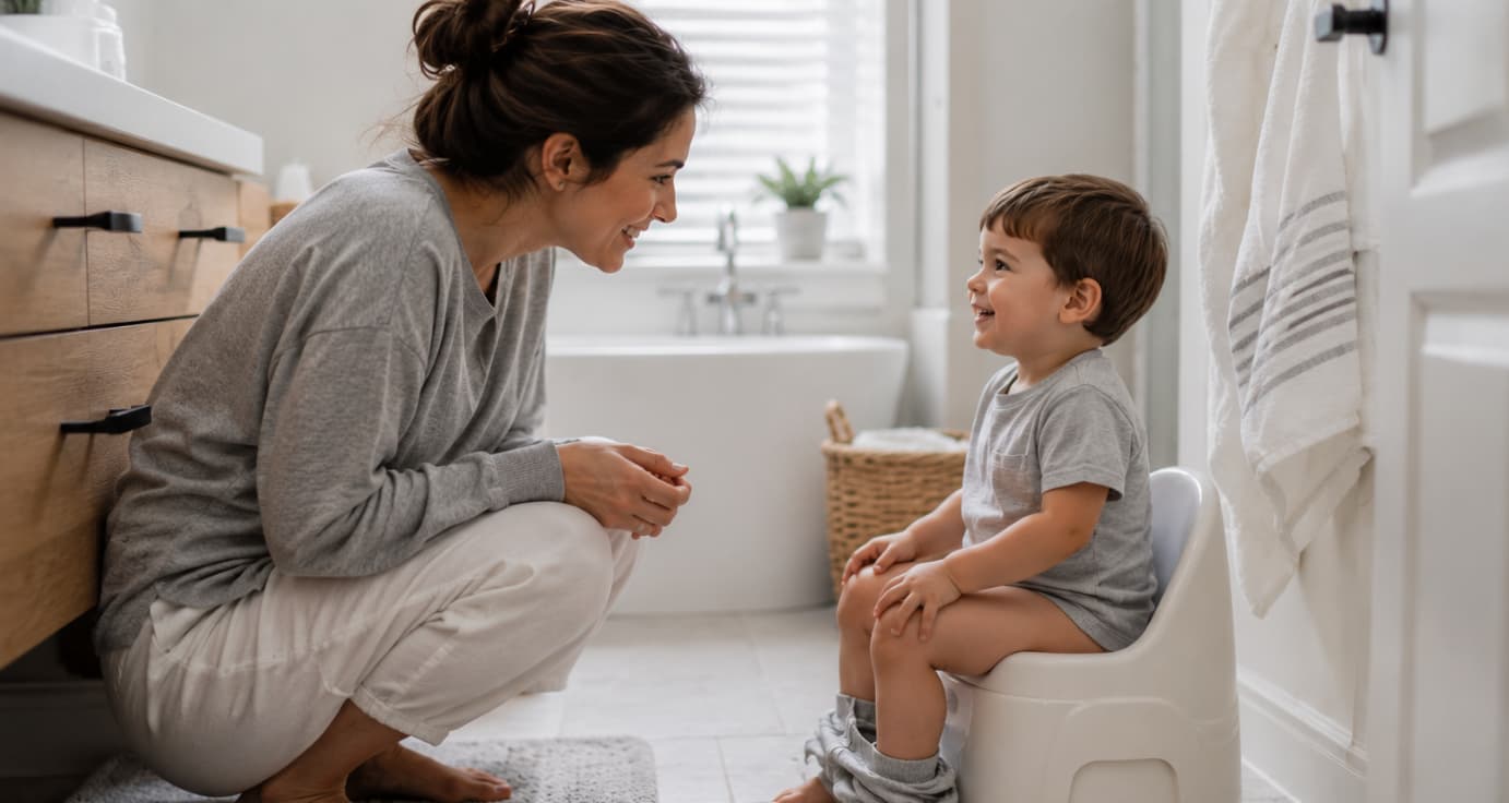 mother teaching How to Potty Train her baby Boy