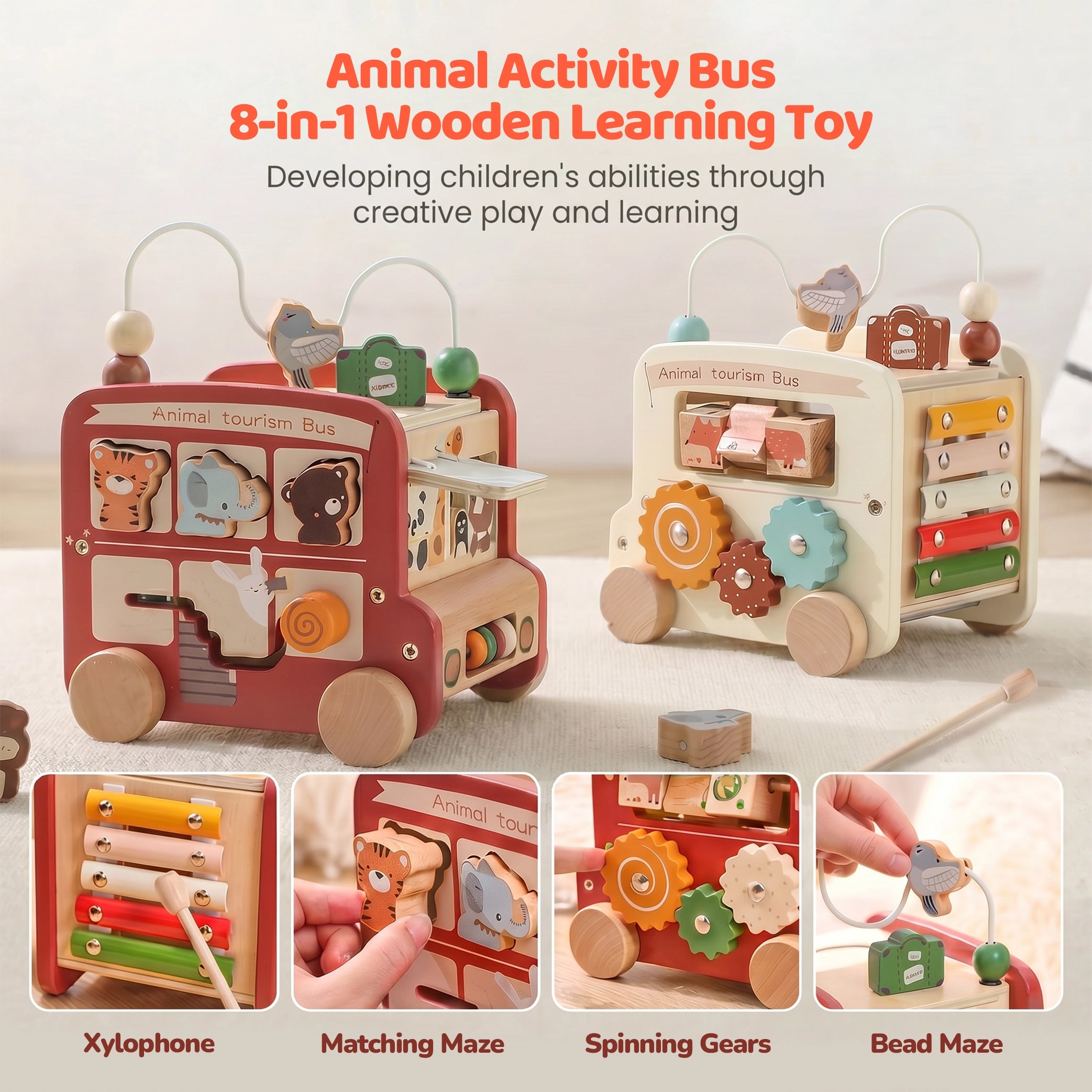 Alppi Animal Activity Bus 8-in-1 Wooden Learning Toy