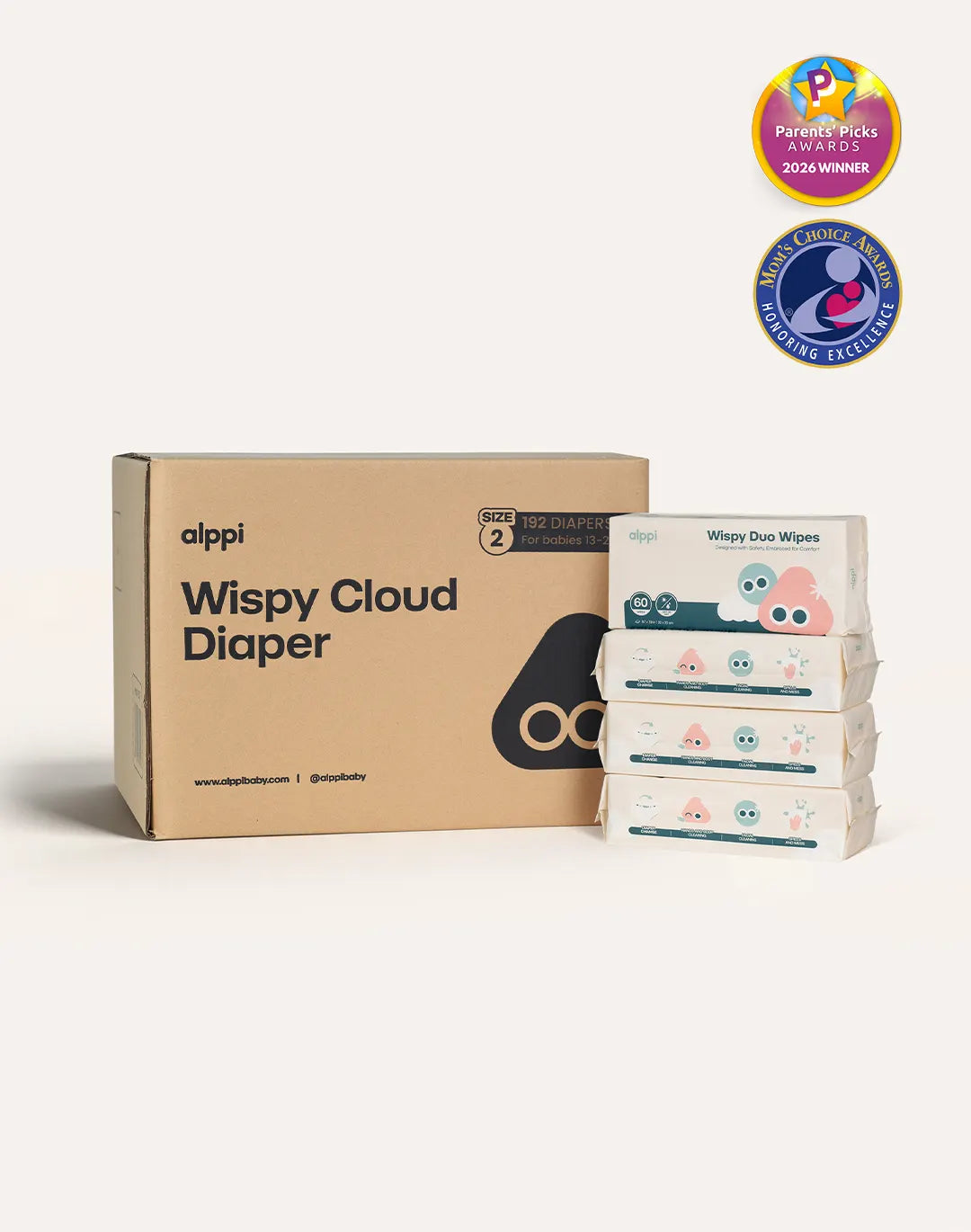 Alppi Wispy Cloud Diaper box Size 2 with stacked Wispy Duo Wipes packages, featuring Parents Picks Awards 2026 Winner and Moms Choice Award Parenting Excellence badges