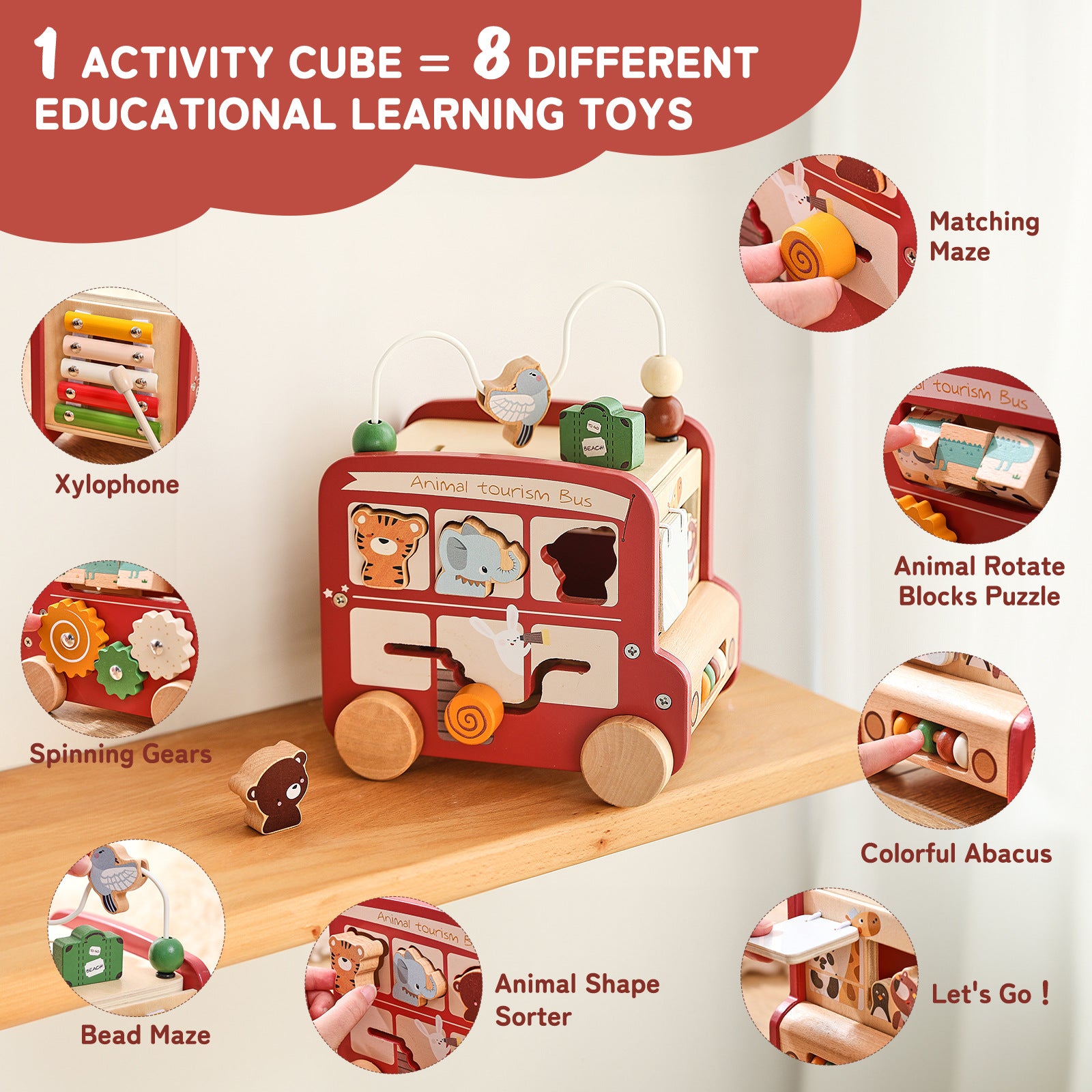 Alppi Animal Activity Bus 8-in-1 Wooden Learning Toy