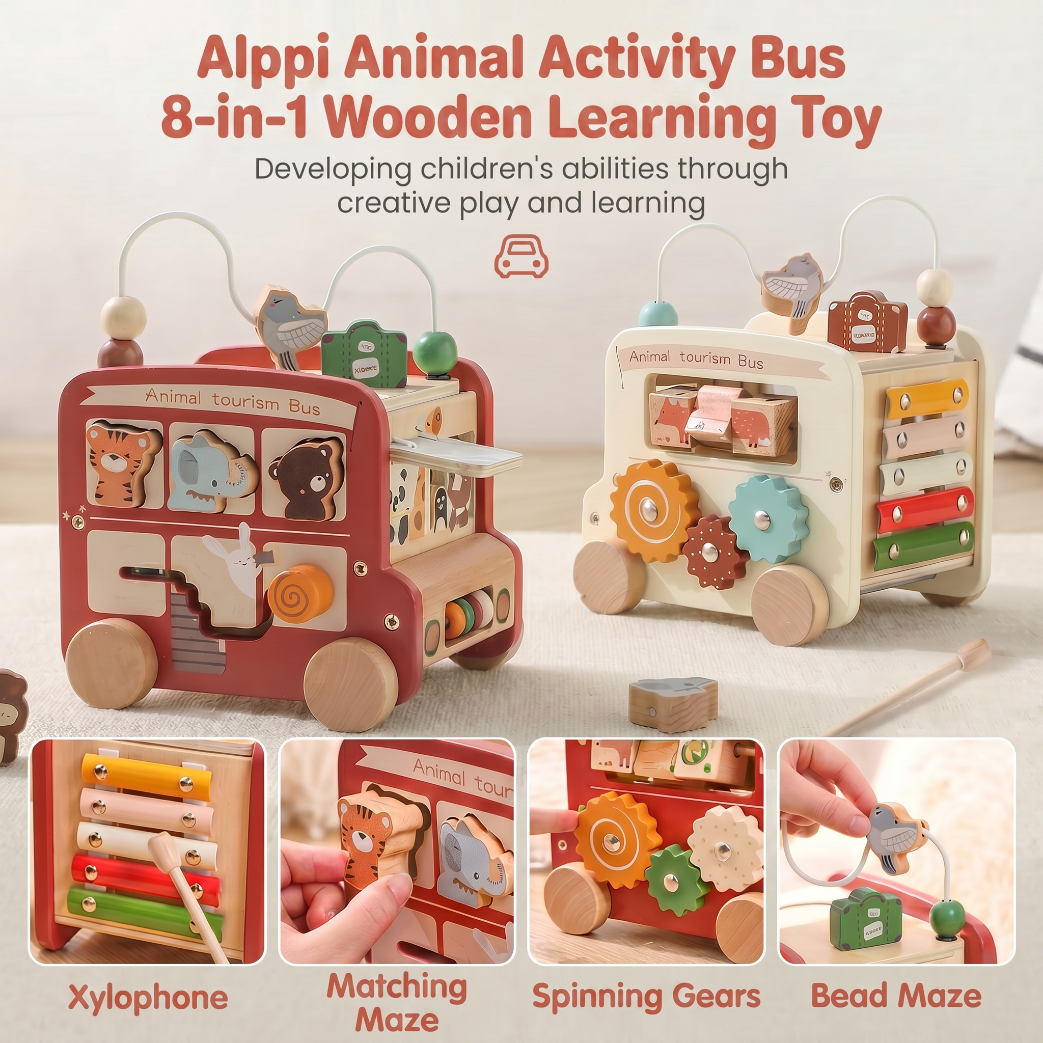 Alppi Animal Activity Bus 8-in-1 Wooden Learning Toy